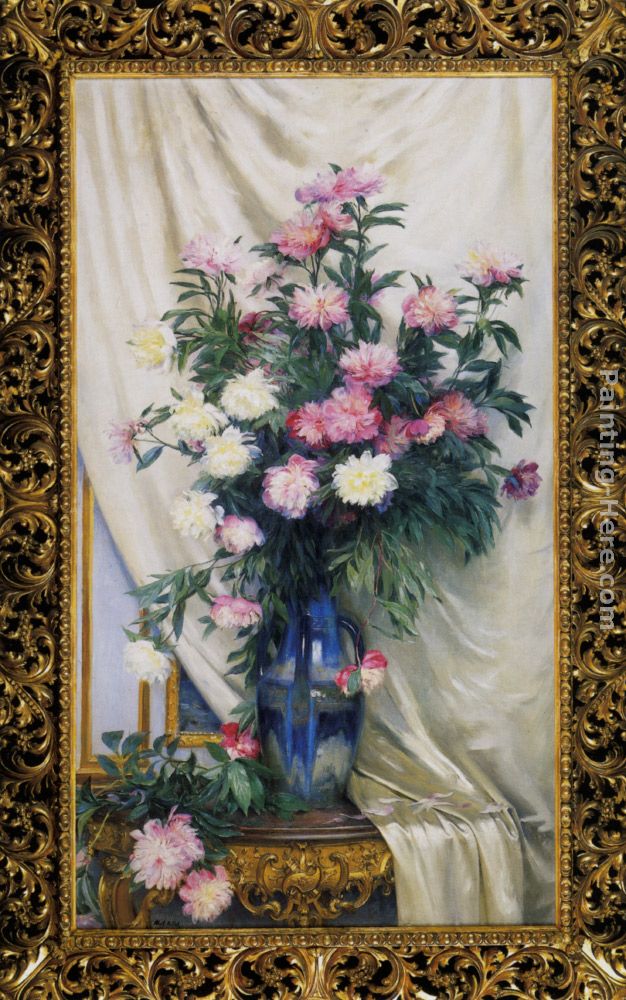 Peonies in a Blue Vase on a Draped Regency Giltwood Console Table painting - Albert Aublet Peonies in a Blue Vase on a Draped Regency Giltwood Console Table art painting